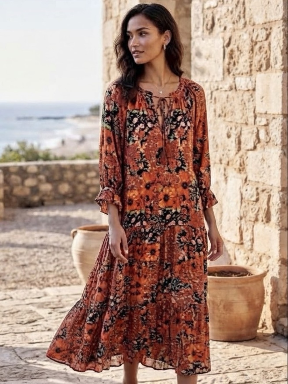 Easel Floral Midi Dress in dark orange/blk/green and a bit of gold.